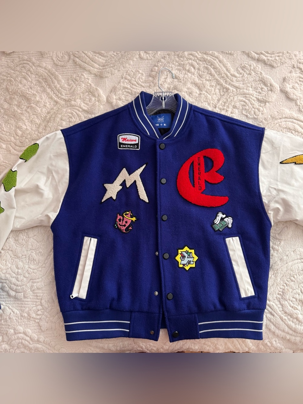 Vintage-Inspired Navy and White Varsity Jacket Sweater